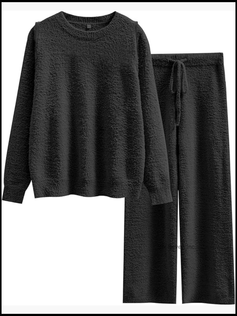 Fuzzy Fleece Pajama Set 2 Piece Long Sleeve Top Wide Leg Pants Lounge Matching